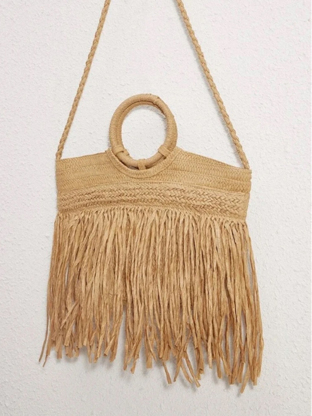 Boho Raffia Fringe Beach Tote